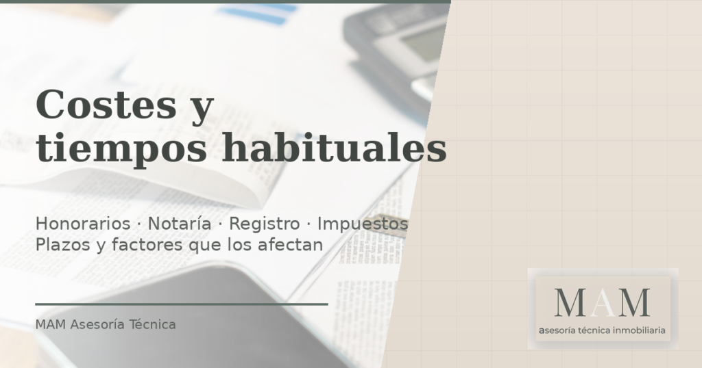 Imagen para la sección “Costes y tiempos habituales” con elementos relacionados con presupuesto y planificación, con texto explicativo y logo de Mayka MIra: Asesoría Técnica.